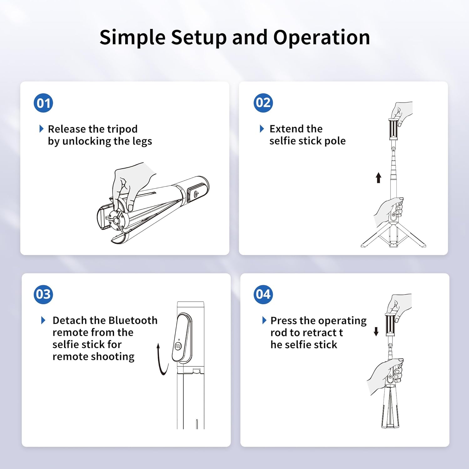 Diagrams illustrating the simple setup and operation of the ATUMTEK Selfie Stick Tripod, including releasing the tripod legs, extending the pole, detaching the remote, and retracting the stick.