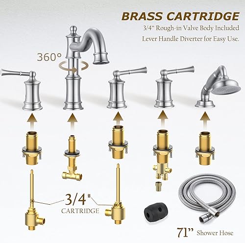 Miniatura 10 de WINKEAR Juego de grifos romanos para bañera con ducha de mano con 5 agujeros para montaje en cubierta con desviador, válvula rugosa de 3 manijas de