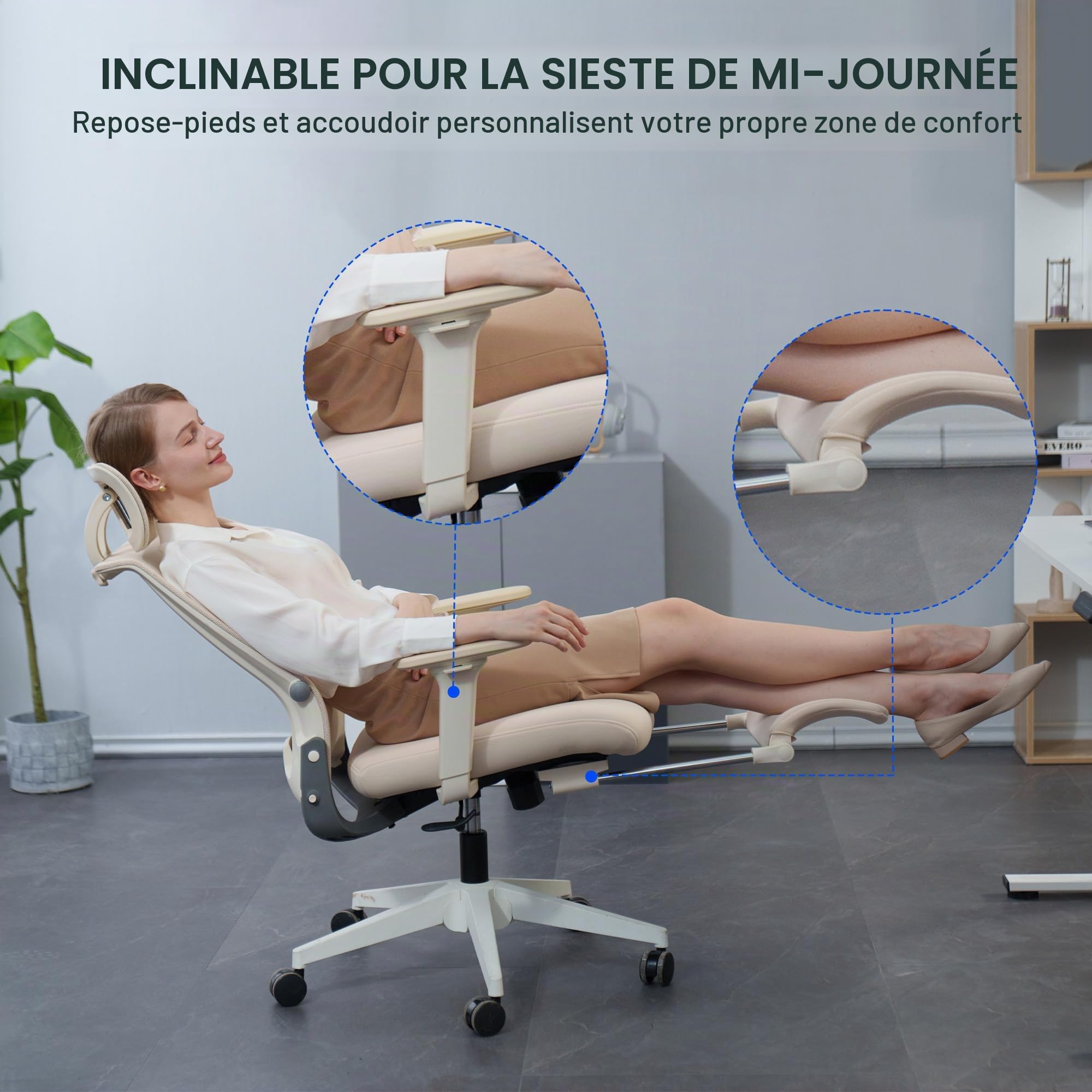 FLEXISPOT Foldex Chaise Bureau Pliante, Chaise Ergonomique avec Support Lombaire, Accoudoirs Réglables en Hauteur, Appui-Tête 2D, Chaises de Bureau avec Repose-Pieds, Beige