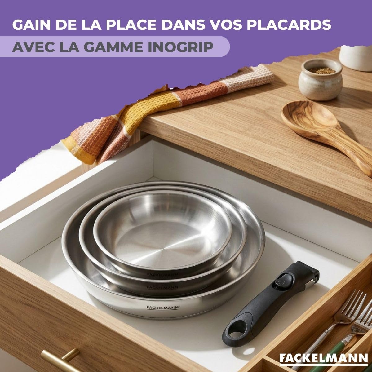Fackelmann Lot 3 poêles inox InoGrip 20 24 28 cm tous feux induction