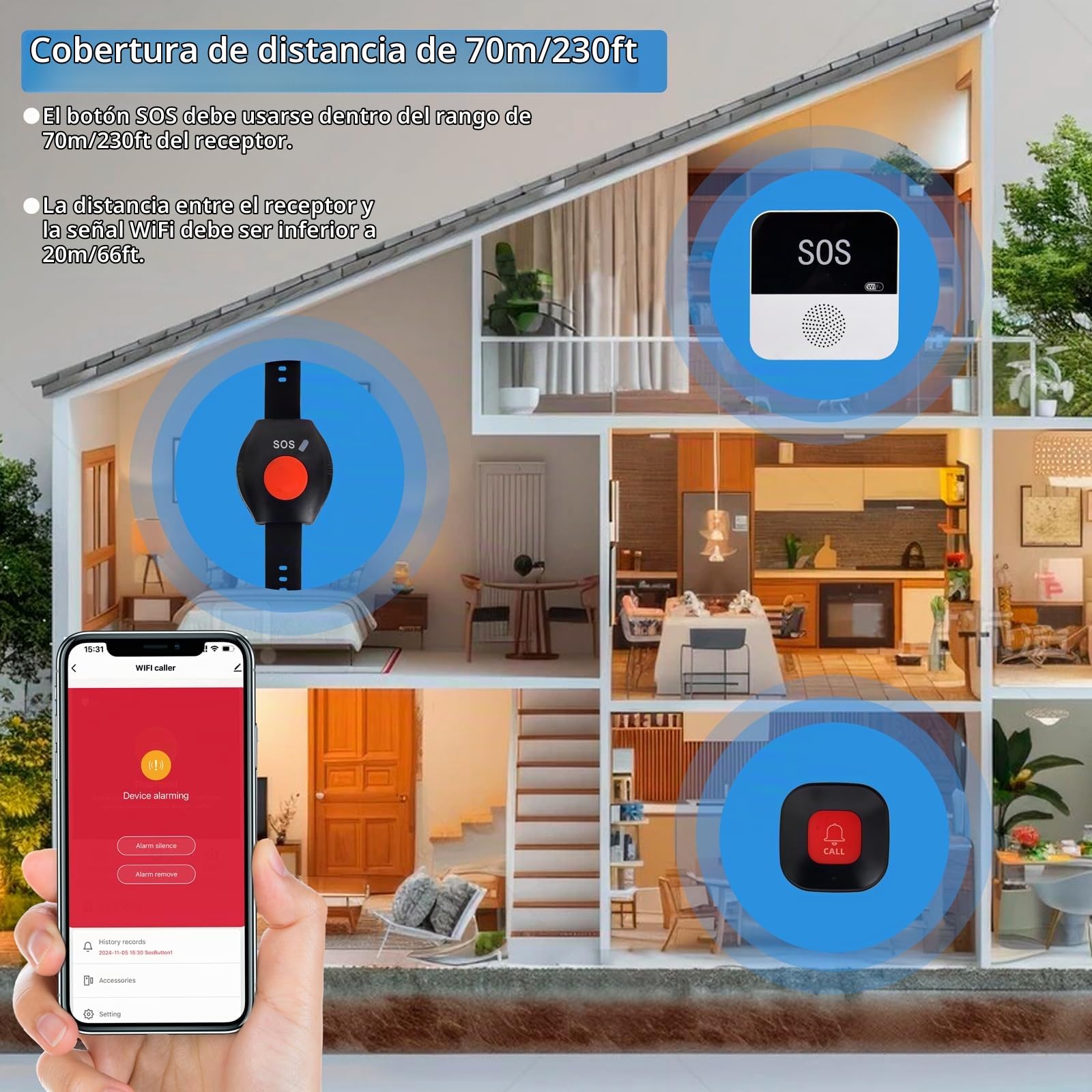 Boton Emergencia Ancianos, Avisador Personas Mayores, Botón Llamada Emergencia SOS + Pulsera + Receptor, Llamada de Emergencia Doméstica WiFi para Mayores, Discapacitados, Pacientes, Niños