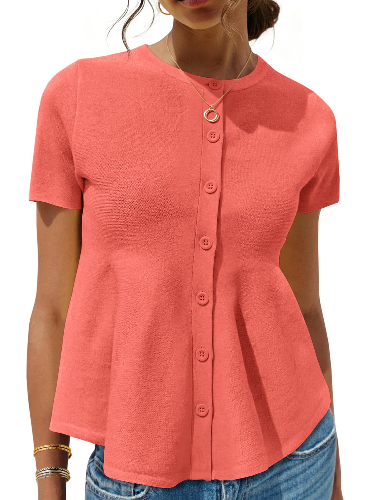 Photo 1 of ***** SEE NOTES***Saodimallsu Womens Short Sleeve Cardigans Ruffle Button Down Crew Neck Peplum Babydoll Knit Sweater Tops Orange size medium 