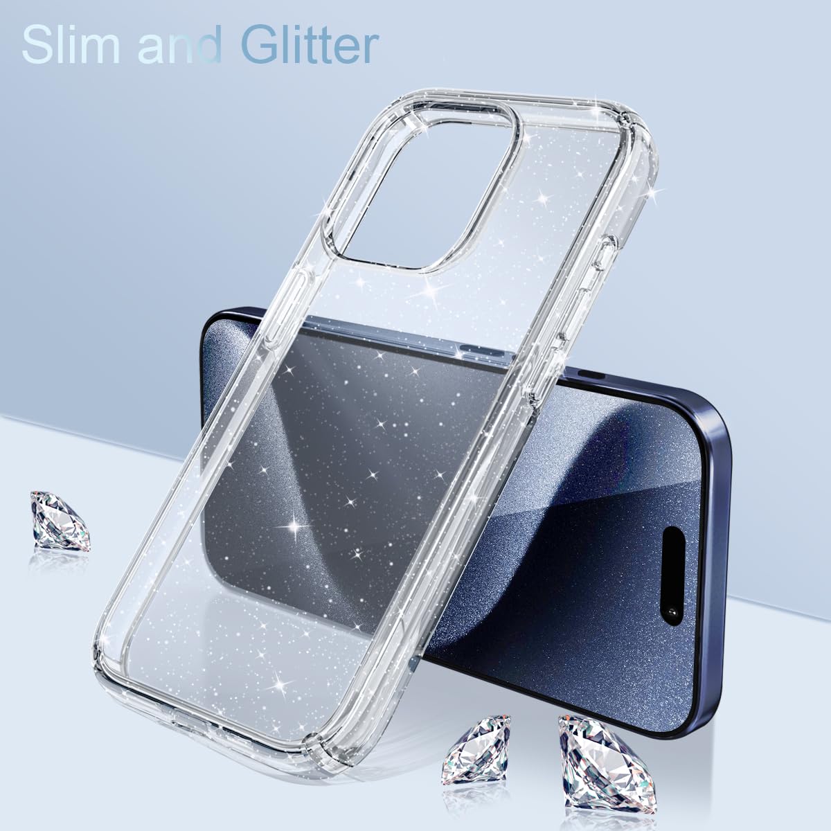 Tikgue Funda Compatible Con IPhone 13 Con 2 Unidades De Protector De Pantalla De Cristal Templado Y 2 Protector De Lente De Cámara, Carcasa Transparente Glitter Brillante De Silicona TPU