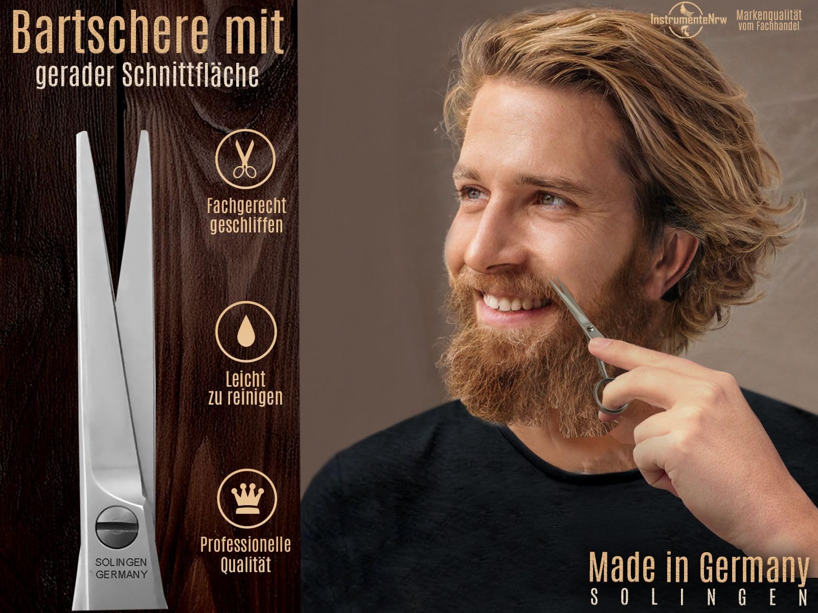 Bartschere aus Solingen Haarschere mit einseitiger Mikroverzahnung Made in Germany Nasenhaarschere Schnurrbartschere für die optimale Bartpflege zum Kürzen von Barthaaren, Nasenhaaren und Kopfhaaren