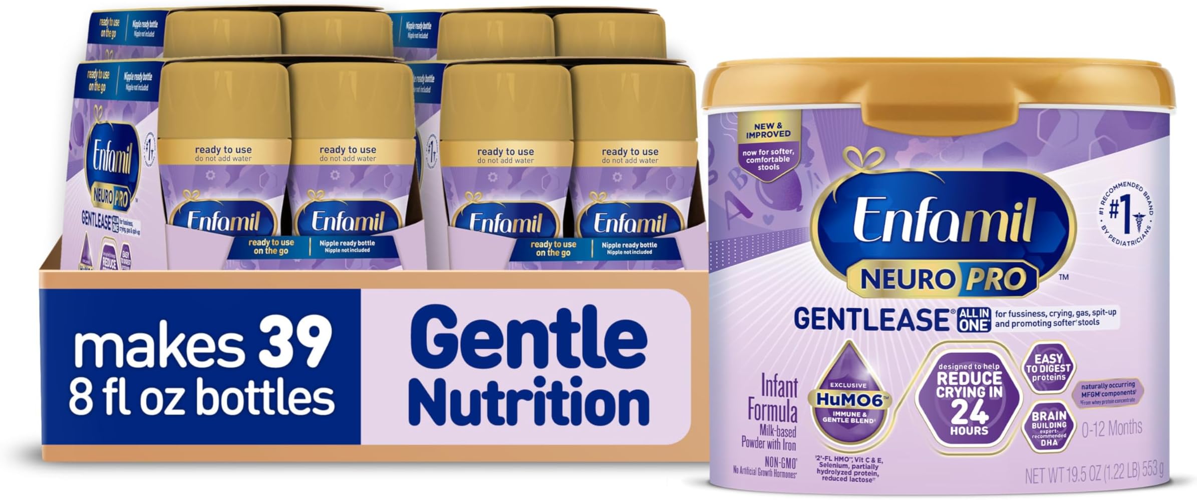 Enfamil NeuroPro Gentlease Baby Formula, Brain Building DHA, HuMO6 Immune Blend, Designed to Reduce Fussiness, Crying, Gas & Spit-up in 24 Hrs,19.5 Oz Tub + 8 Fl Oz, 24 Bottles