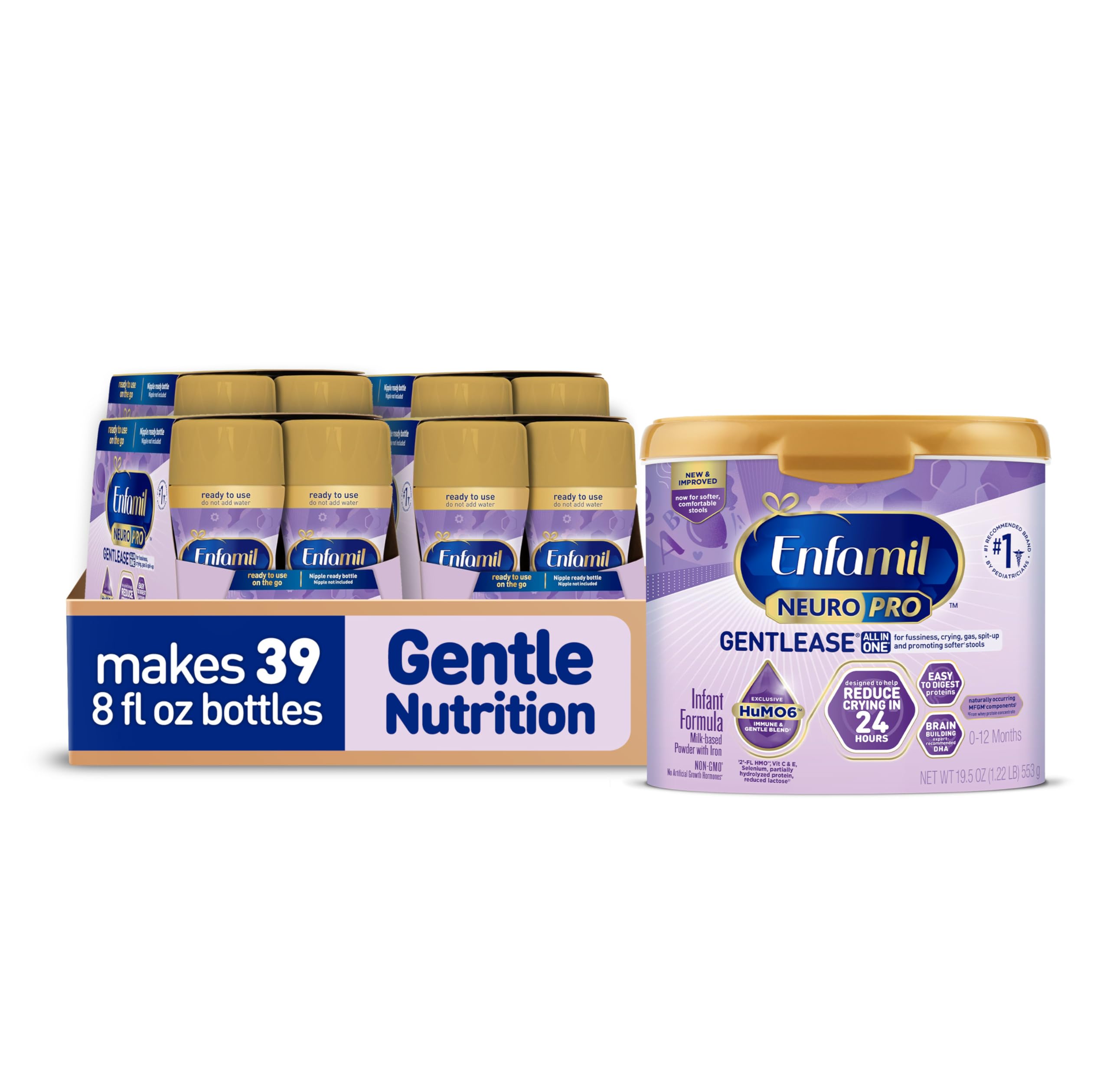Enfamil NeuroPro Gentlease Baby Formula, Brain Building DHA, HuMO6 Immune Blend, Designed to Reduce Fussiness, Crying, Gas & Spit-up in 24 Hrs,19.5 Oz Tub + 8 Fl Oz, 24 Bottles