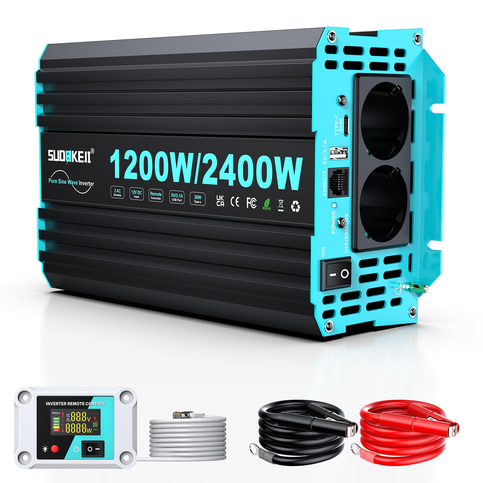 SUDOKEJI Przetwornica napięcia 1200 W/2400 W, czysta sinusoidalna przetwornica napięcia 12 V na 230 V, z pilotem LCD, złącza typu C i USB, 2 gniazda EU AC do solarnych, pojazdów, przyczep kempingowych