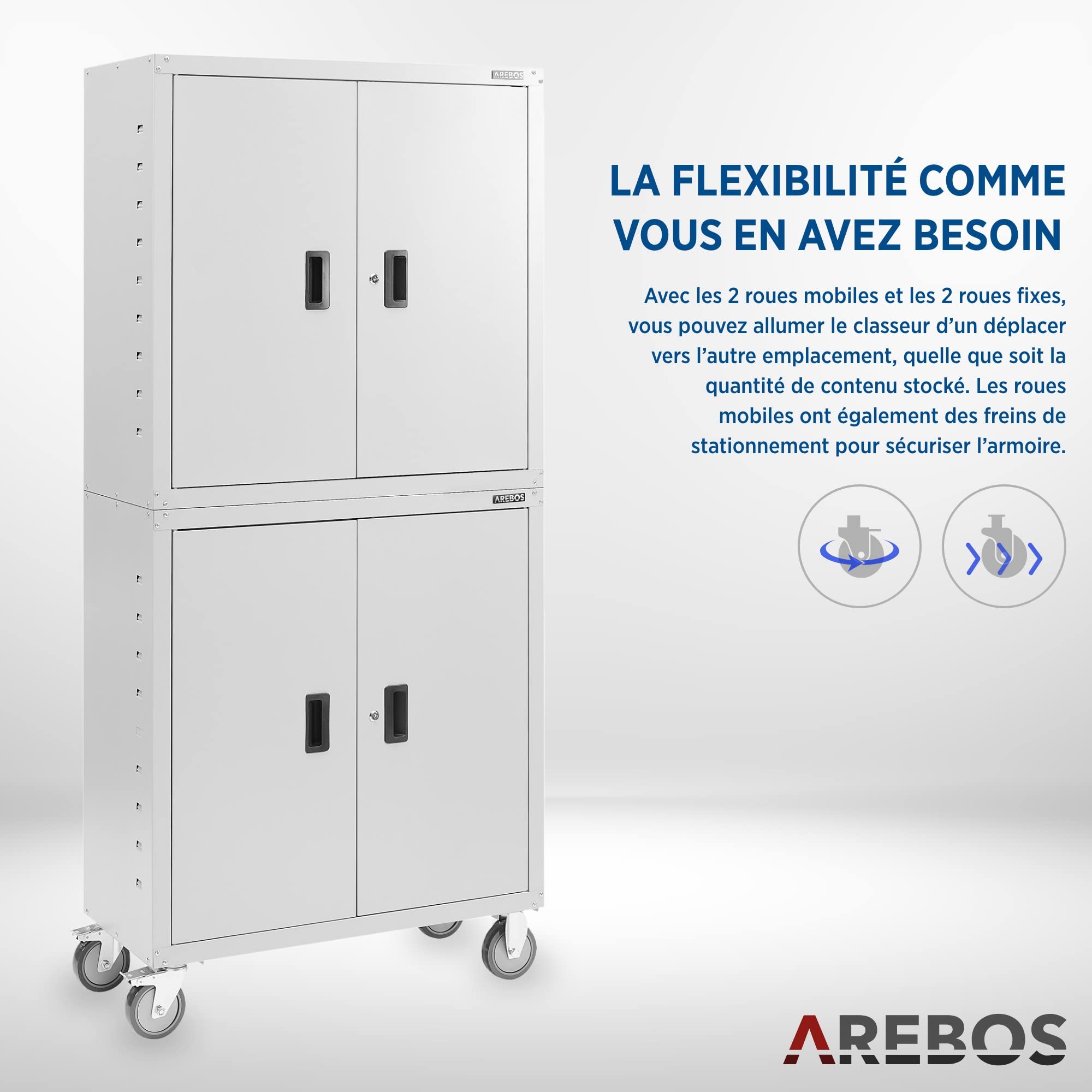AREBOS Meuble de Bureau | Gris | 195 x 40 x 90 cm | Lot de 2 | 4 Portes | avec roulettes | Tablettes réglables en Hauteur | avec Serrure à Cylindre