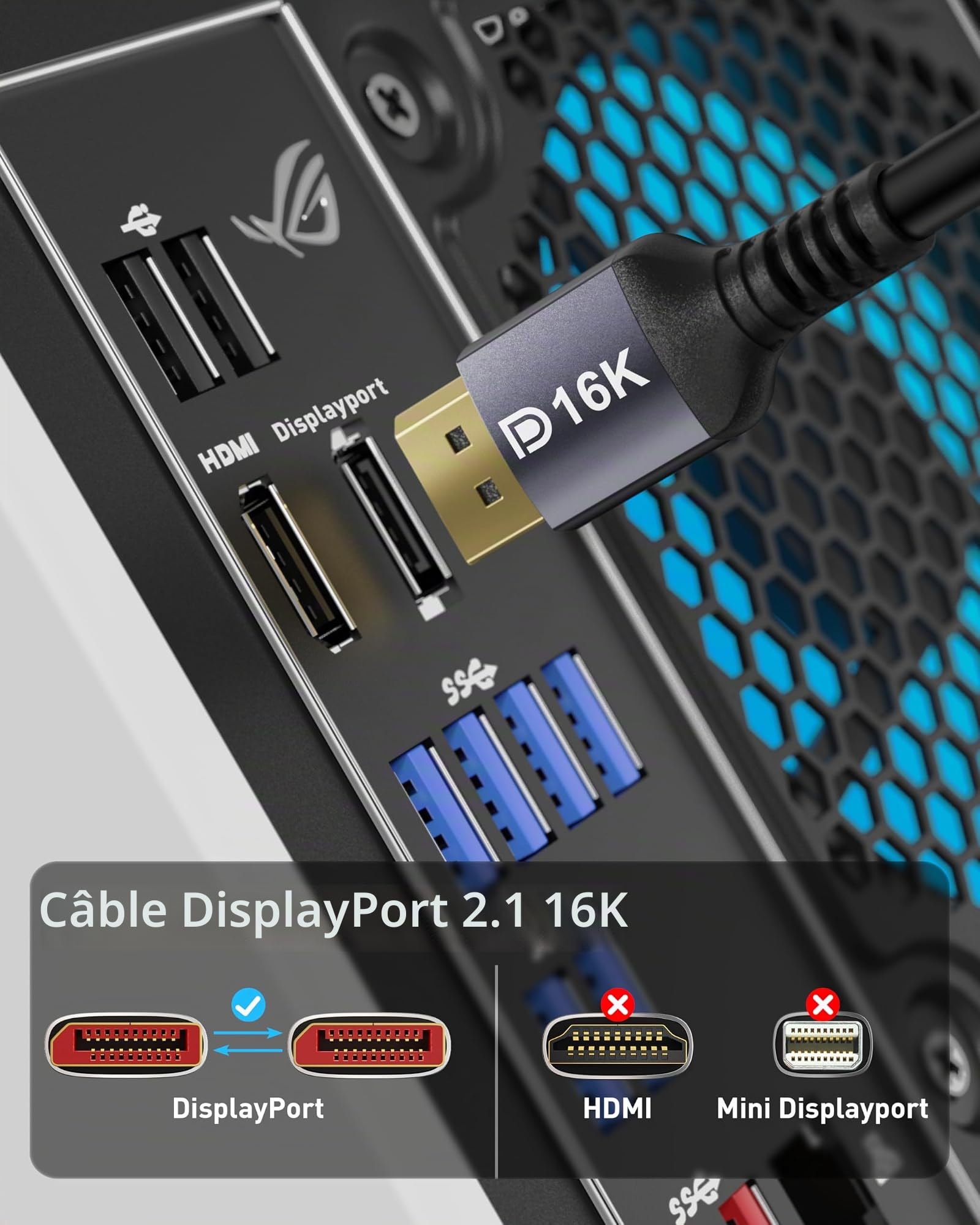 Câble Stouchi DisplayPort 2.1 10M DP2.1/2.0 [16K à 60 Hz, 10K à 60 Hz, 8K à 120 Hz, 4K à 240 Hz 165 Hz 144 Hz] Prend en charge 80 Gbit/s HDR DSC1.2a FreeSync G-Sync Display Port 2.1 pour moniteur de