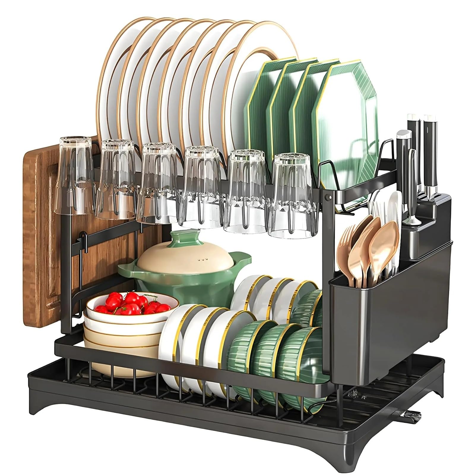 Edelstahl Doppellagiger Geschirrkorb mit automatischer Abtropfschale & Besteckhalter - Platzsparende Küche Sto Solut für Spüle