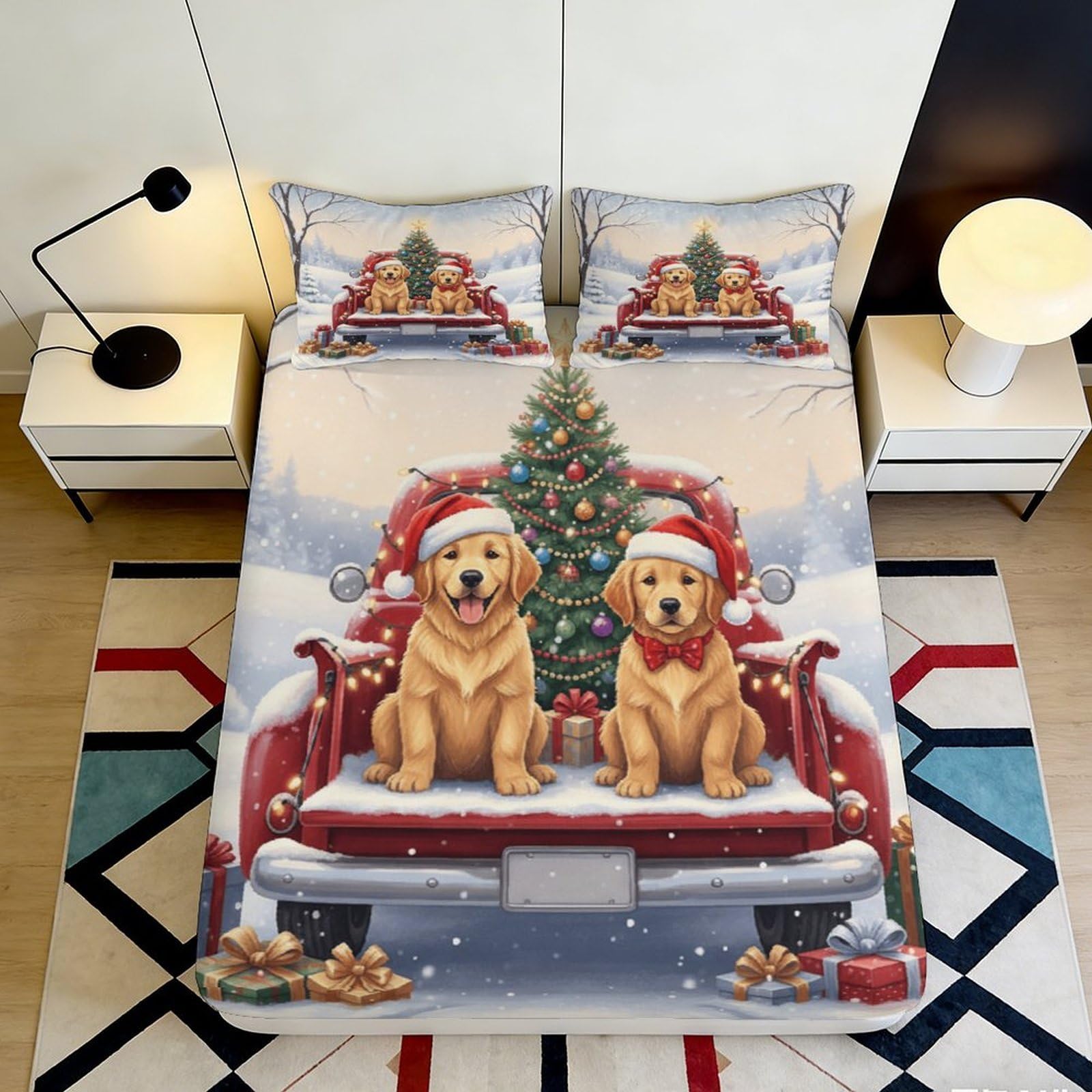 3D Printed Christmas Golden Retriever Fitted Sheet Microfiber Soft Dog Sofa Bed Cover for Bedroom Dorm Decor 90x200x25cm