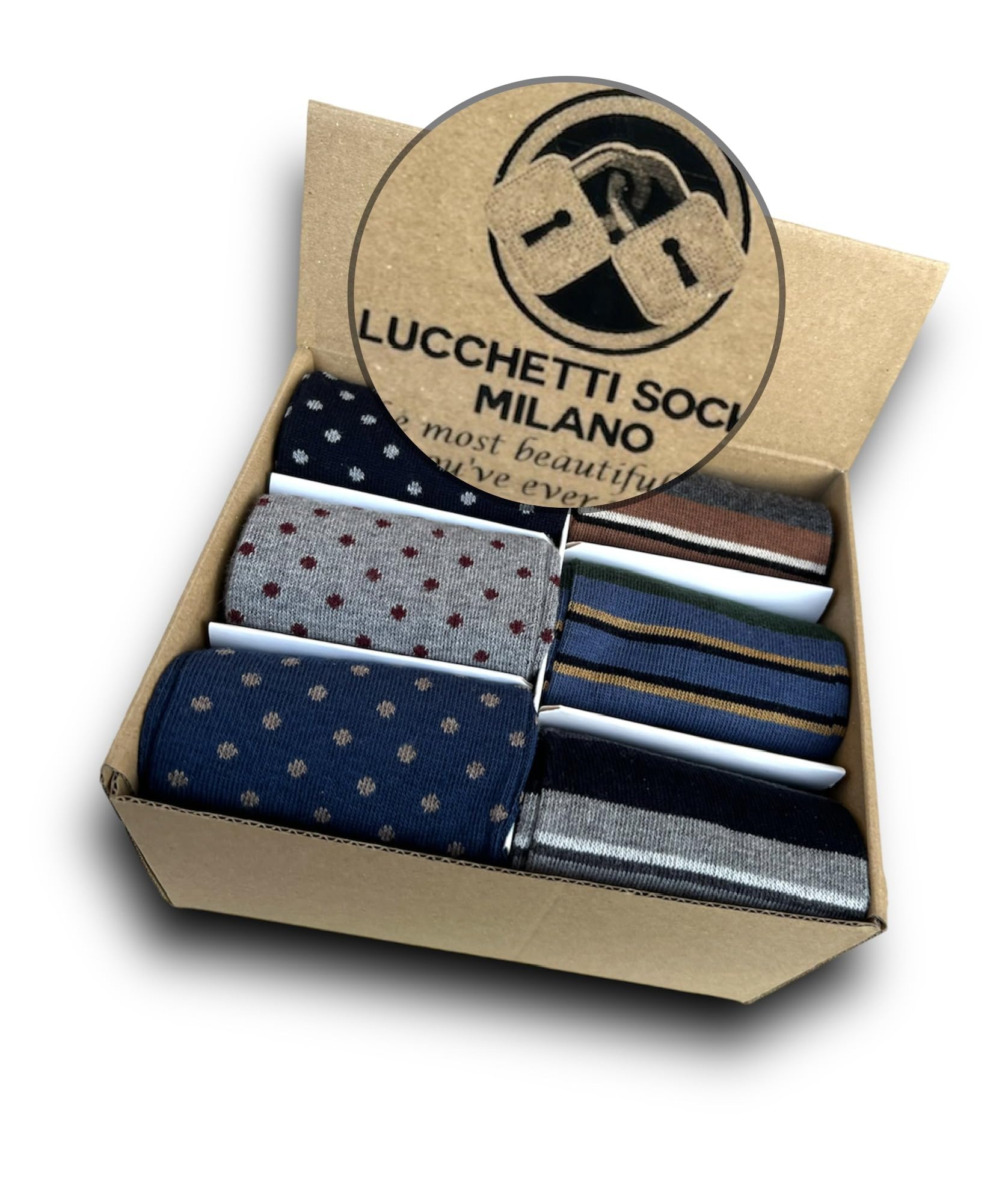 Lucchetti Socks Milano Set de 6 pares de calcetines largos de algodón cálidos para hombre de colores de tendencia estampados de lunares de moda Made in Italy