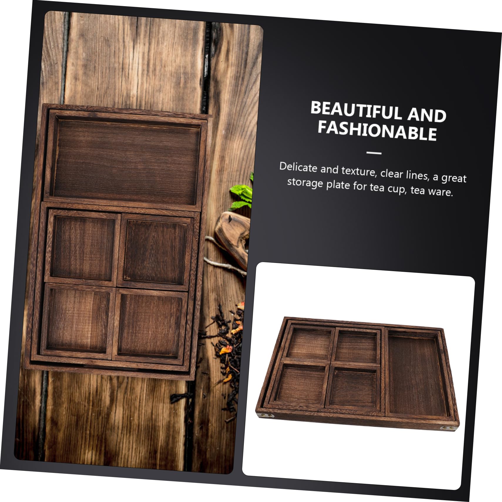 Cabilock Bandeja de Té de Madera Rectangular, Juego Compartimentos | Diseño Simple, Superficie Lisa E, Biodegradable, Formato de Inicio para Vajilla y Servicio