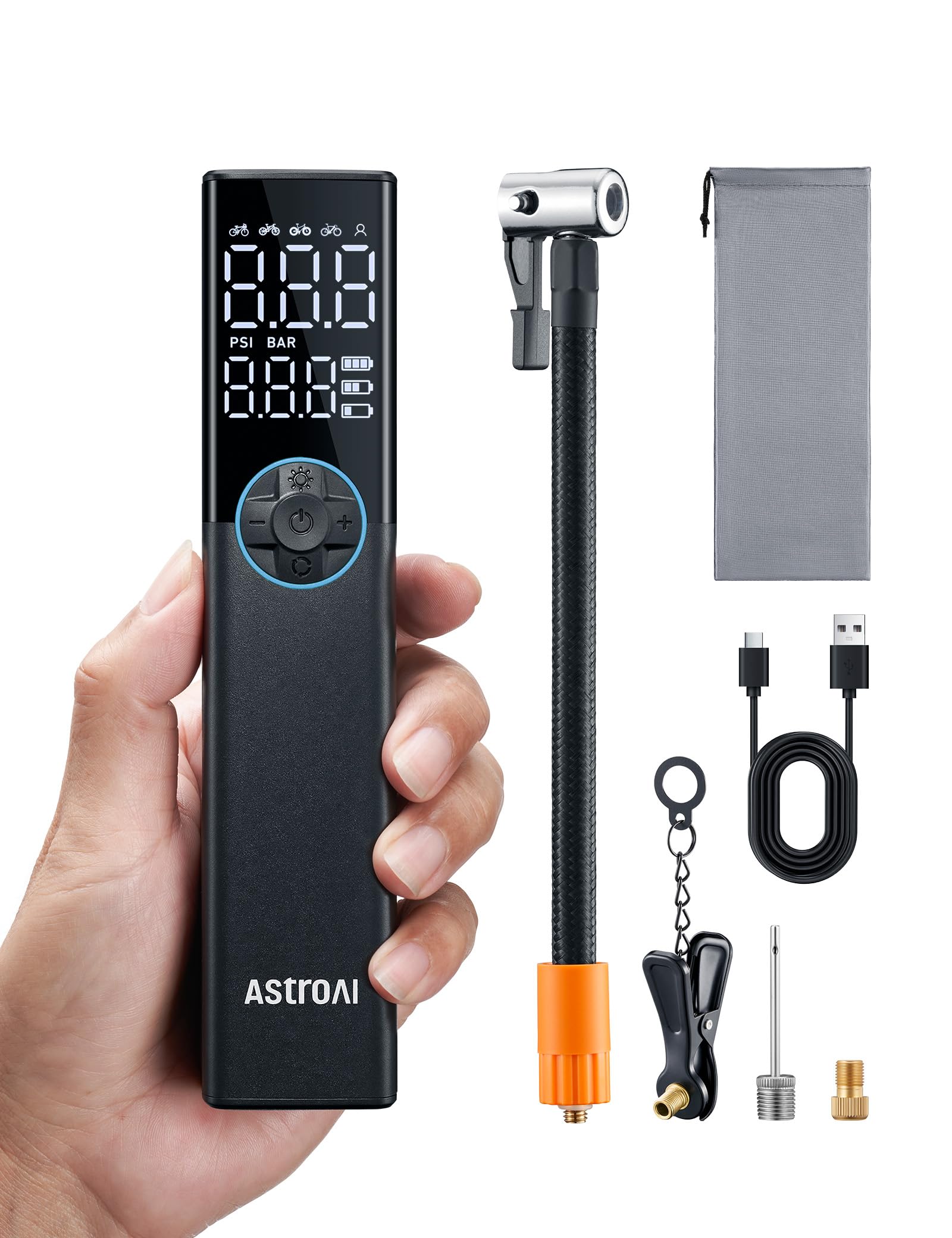 AstroAI Fahrradpumpe Elektrische Luftpumpe, 150PSI Mini Tragbare Akku Fahrradpumpe alle ventile, Hochspannungsmotor Speziell für Fahrrad, Wiederaufladbare für Stadtrad, Rennrad, Mountainbike, Blau