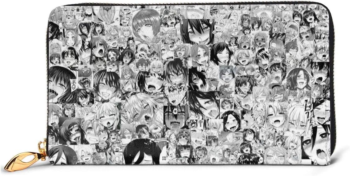 Ahegao Anime Girl Wallet RFID Blocking Genuine Leather Wallet Zip Around Card Holder Organizer Clutch