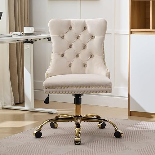 Goujxcy Silla de escritorio, moderna silla de oficina en casa tapizada de terciopelo, sillas de escritorio giratorias de 360 sin brazos, sillas