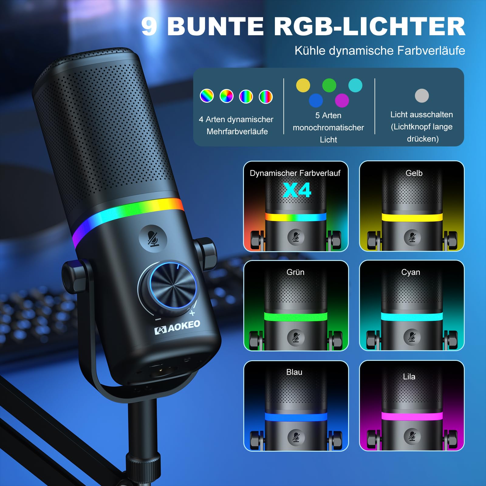 aokeo Mikrofon PC mit Mikrofonarm,AK-10 USB/XLR Dynamisches Gaming Mikrofon für Podcast,Streaming mit RGB-Beleuchtung,Lautstärkeregler,Stummschalttaste und Rauschunterdrückung (Weiß)