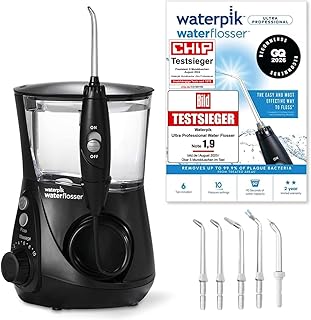 Waterpik Professional Water Flosser, Testsieger 2025, Precision Pulse Technology, TÜV Siegel, bis zu 99,9 Prozent Plaque Entfernung, 6x Aufsätze, 10x individuelle Modi, integrierter Timer, Schwarz