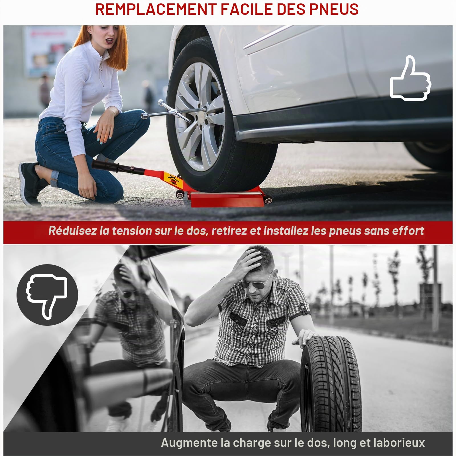 Wayona Cric de pneu portable avec plaque roulante, outil de levage de pneu avec poignée amovible pour voitures, SUV et camions tout-terrain, outil de cric de levage de pneu sans effort pour le retrait