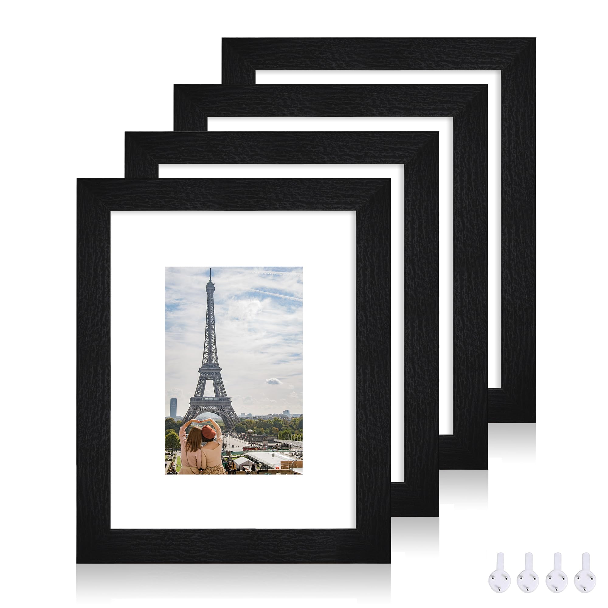 Photo 1 of Hongkee 8x10 Picture Frame Set of 4, Made of Real Glass and Rustic Black Wooden Frame, 8 by 10 Photo for Wall or Tabletop - Display Picture 5x7 with Mat or 8x10 Without Mat