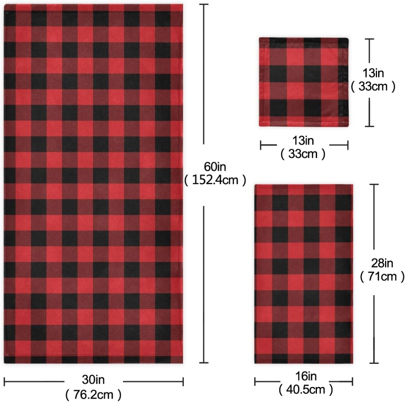 Qilmy Red Buffalo Plaid Bath Towels Absorbent Bath Towels Set Soft & Comfortable Towel Set for Home Hotel Decor, 3 Piece