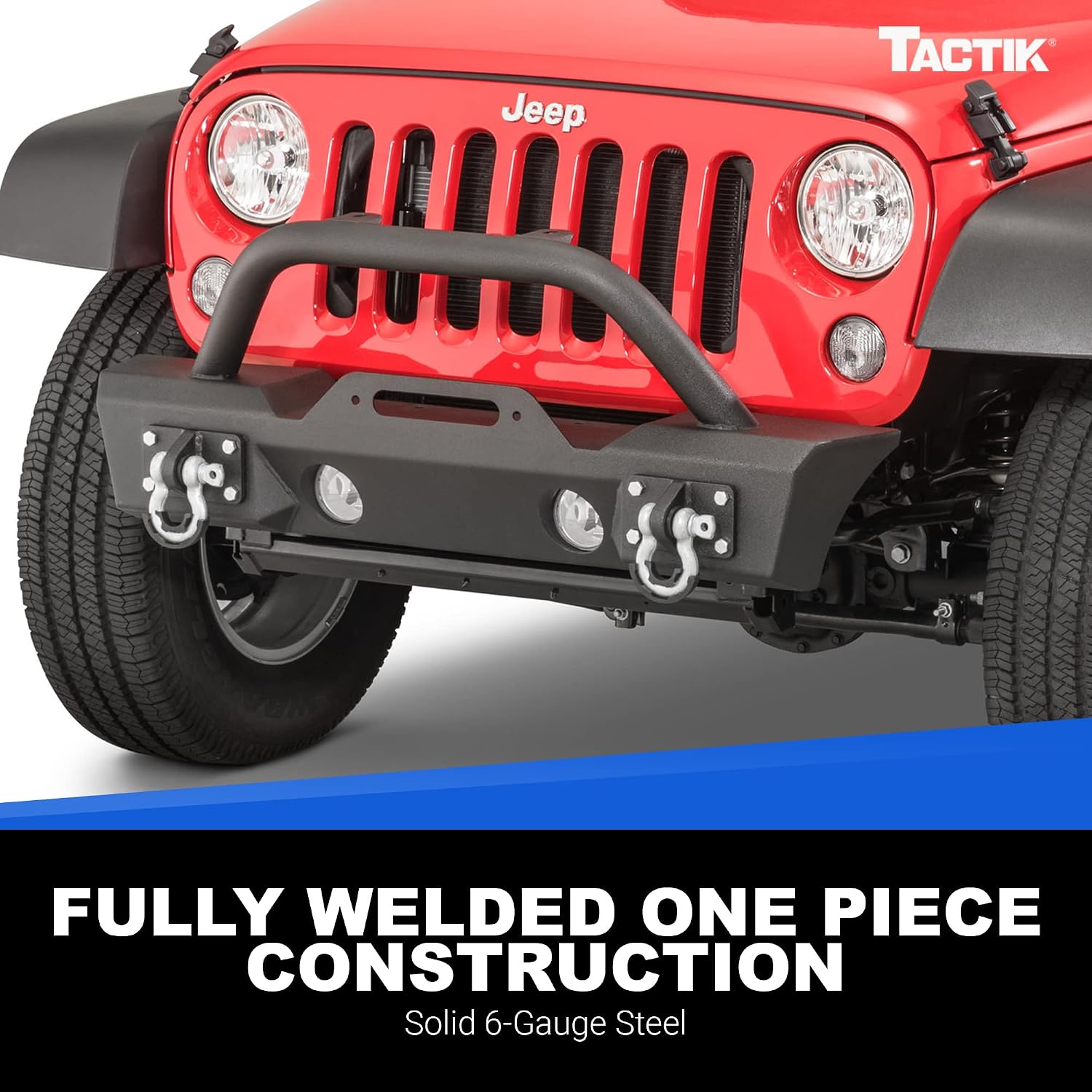 TACTIK HD Stubby Front Bumper with Bull Bar Hoop - Fits Jeep Wrangler JK 2007-2018 - Short Width - Integrated Winch and Fog Light Mounts - Heavy Duty Steel - Includes D-Rings