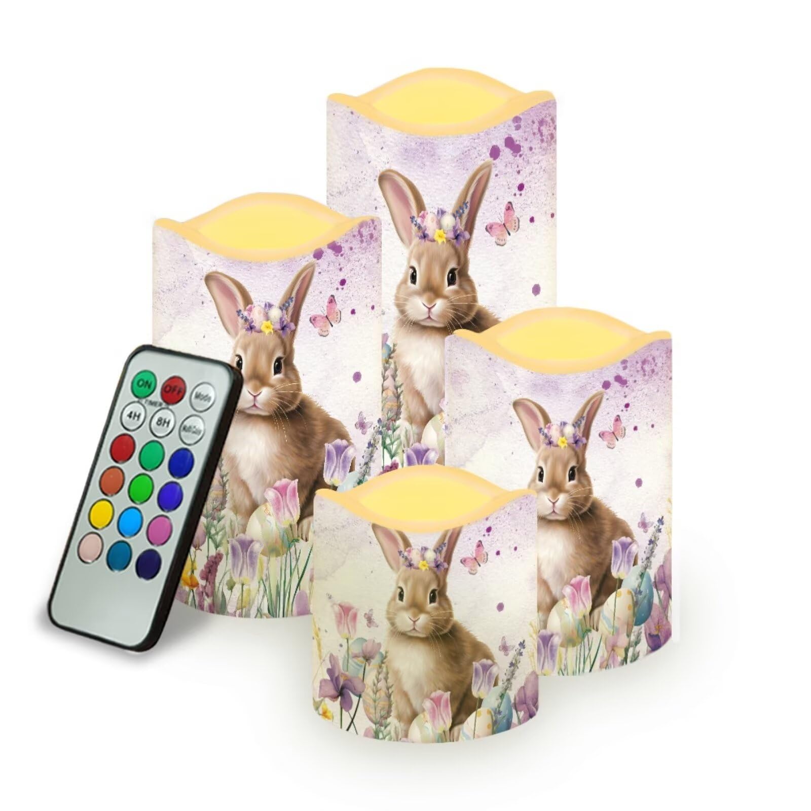 Easter Cute Bunny Purple Floral Plastic Flameless Candles with Remote Control and Timer LED Flickering Battery Operated Color Changing Electric Pillar Candles Easter Decoration