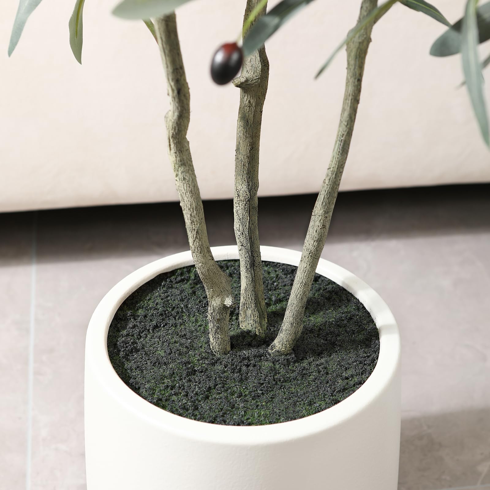 Ulivo Artificiale PHYTREE 1,5 M Con Fioriera Bianca - Pianta Finta Realistica Con Frutti E Tronco Naturale, Per Decorazione Casa E Ufficio