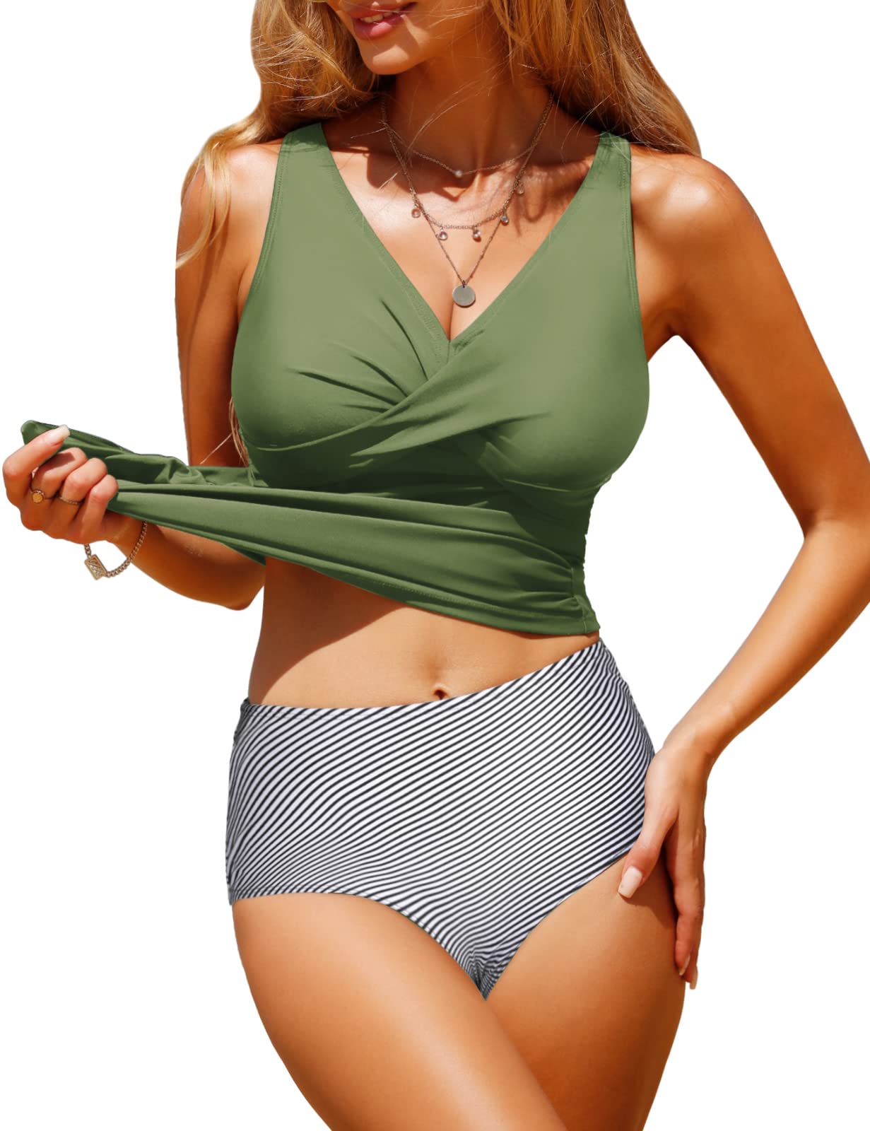 UMIPUBO Bañador Mujer Talla Grande,Reductor Vientre Plano Tankini Traje De Baño Sexy de Cuello V,Bañador de Cintura Alta Push up Bikini Playa