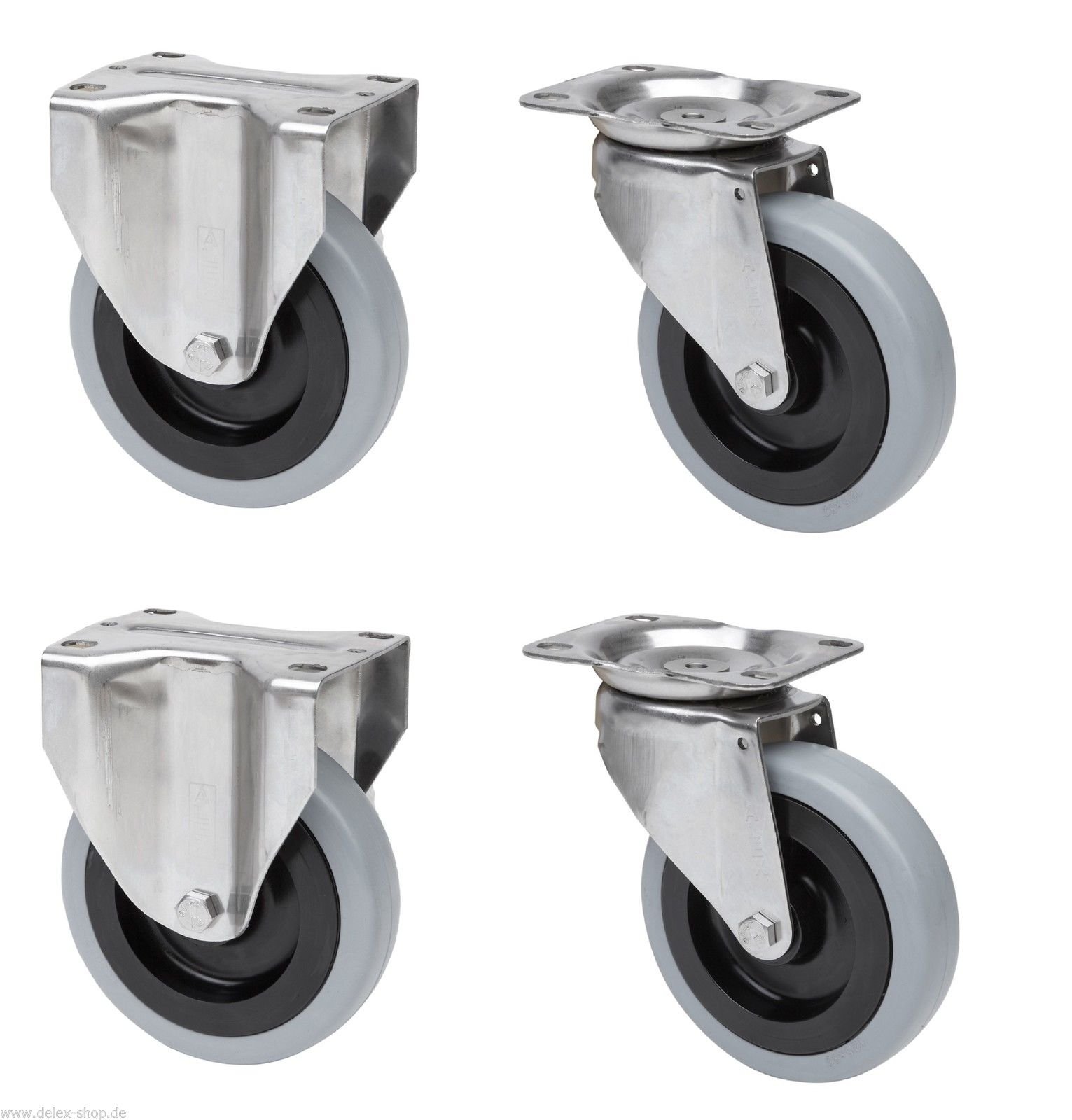 Satz je 2 Transportgeräterolle Bockrolle Lenkrolle Edelstahl 125 mm Rad Gummibereifung grau spurlos Anschraubplatte V2A INOX Edelstahlrolle Polyamidrad Gummi Gummibereifung