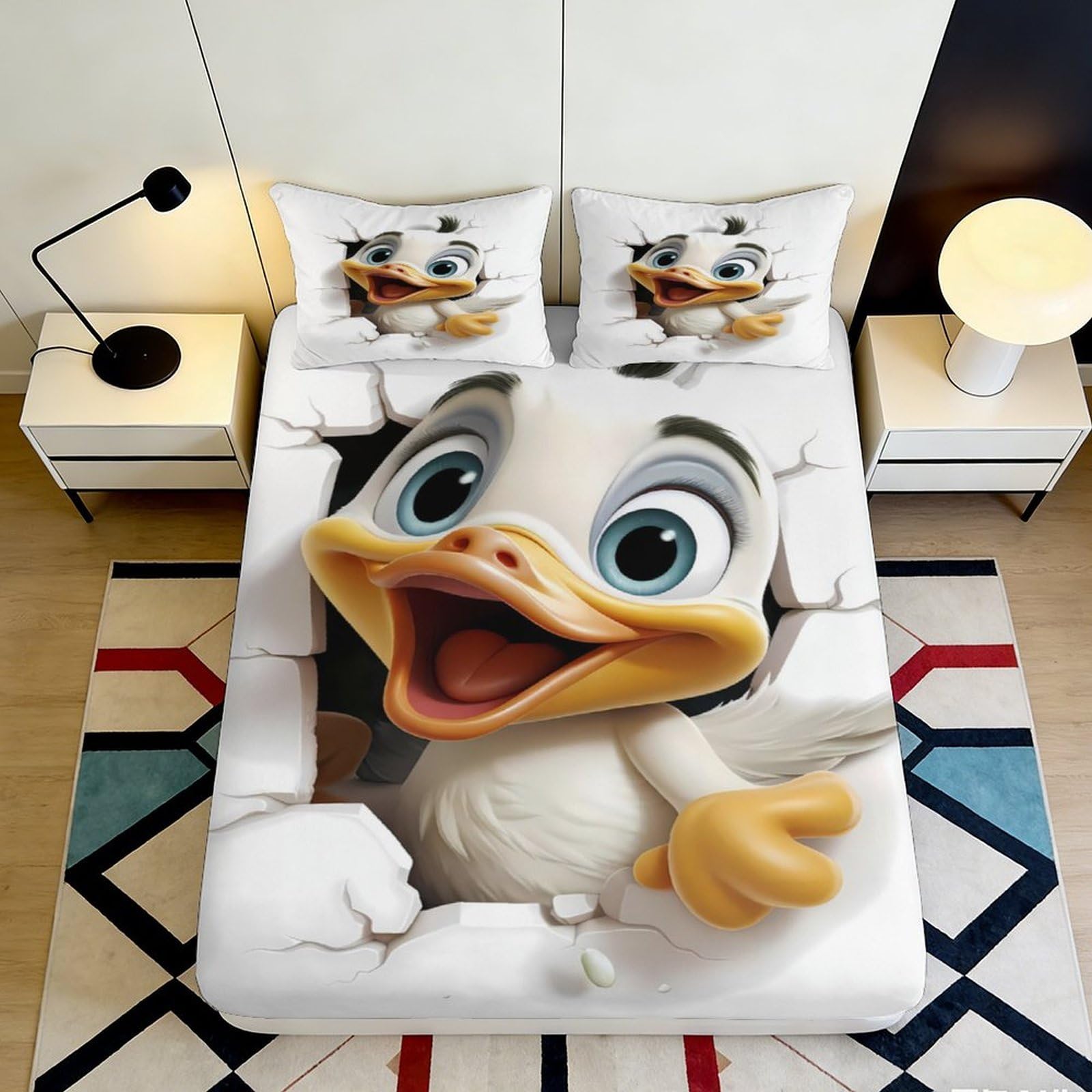 3D Printed Cartoon Duck Fitted Sheet Microfiber Soft Breathable Cute Animal Bed Cover for Bedroom Dormitory Guest Room Mattress Protection 140x200x25cm