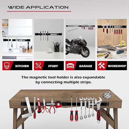 Miniatura 6 de Organizador de almacenamiento magnético para herramientas: 7 piezas para montaje en pared de garaje, tira de organización, organizador de imanes de