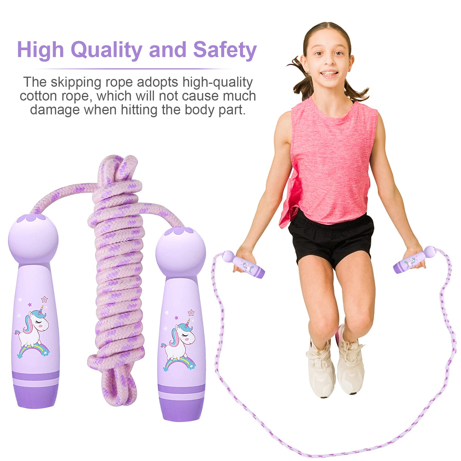 Skakanka dla dzieci, dla dziewcząt, Corde à sauter réglable pour enfant z drewnianym uchwytem, regulowana skakanka bawełniana, idealna do treningu fitness dla dziewcząt i chłopców