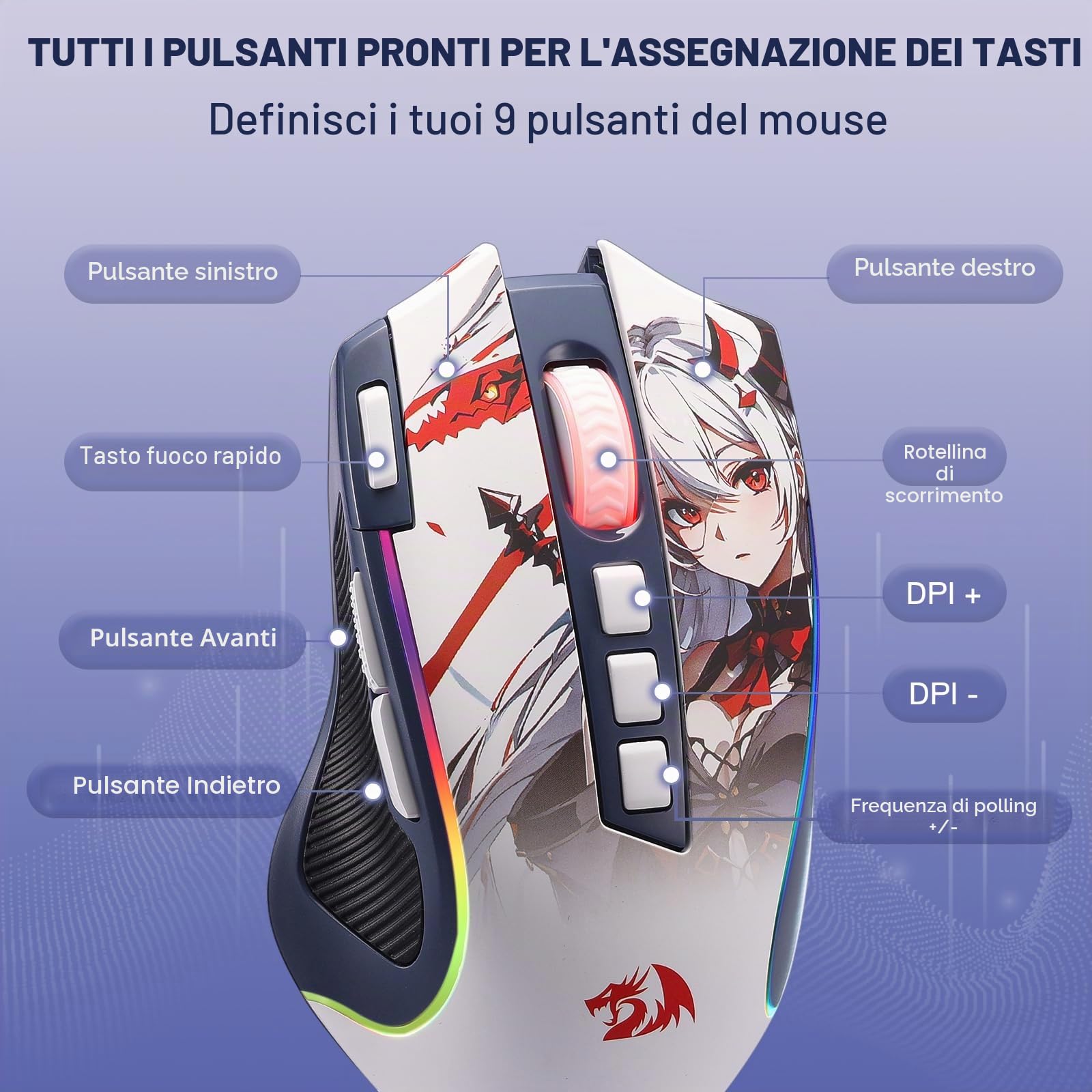 Redragon M612AK PRO Mouse Gaming 3 Modalità RGB | 8000 DPI 9 tasti programmabili 7 RGB BT+2.4G software macro tasto fuoco rapido
