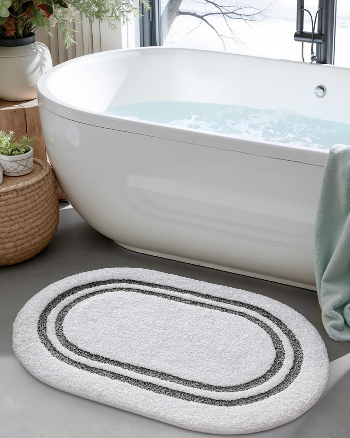 DEXI Badezimmerteppich, Badematte für Badewanne, rutschfest, waschbar, saugfähig, weiche Mikrofaser, ovale Form, Badteppiche für Badezimmerboden, Duschraum, WC, Waschbecken, 61 x 91,4 cm, Dunkelgrau