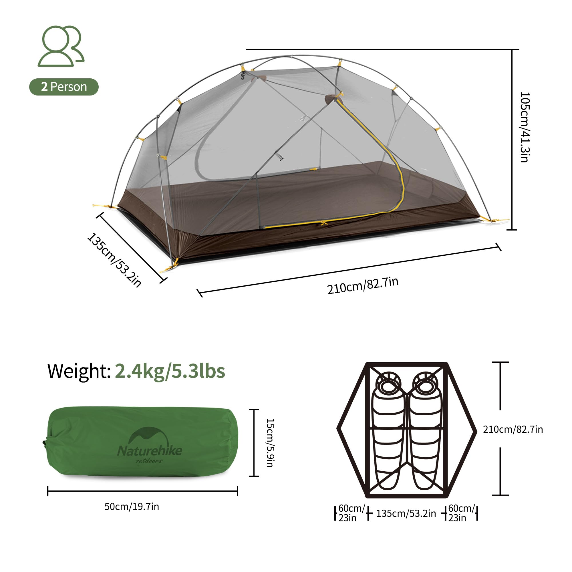 Naturehike Mongar Zelt Ultraleichtes Zelt Doppelzelt Rucksack Zelt Camping Zelt 3 Jahreszeiten Zelt für 2 Personen Rucksackreisen Outdoor Radfahren Camping(210T Waldgrün)