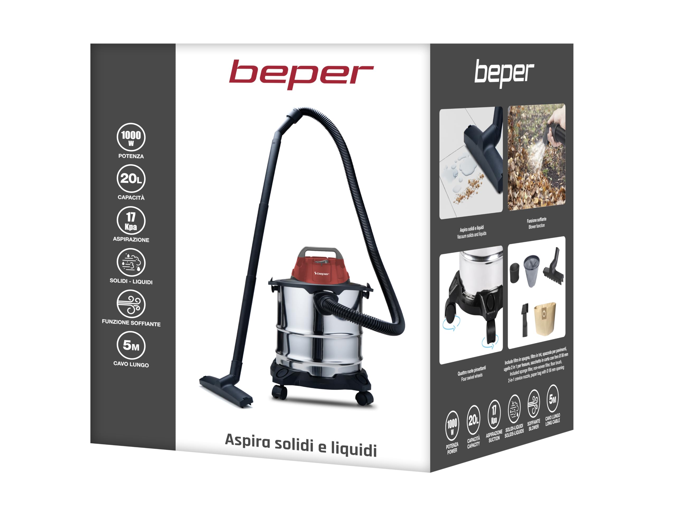 BEPER P202ASP300 Aspiratore solidi e liquidi 1000W, Serbatoio 20L, Bidone aspiratutto, Funzione Soffiatore, 4 ruote, cavo 5 metri, Acciaio