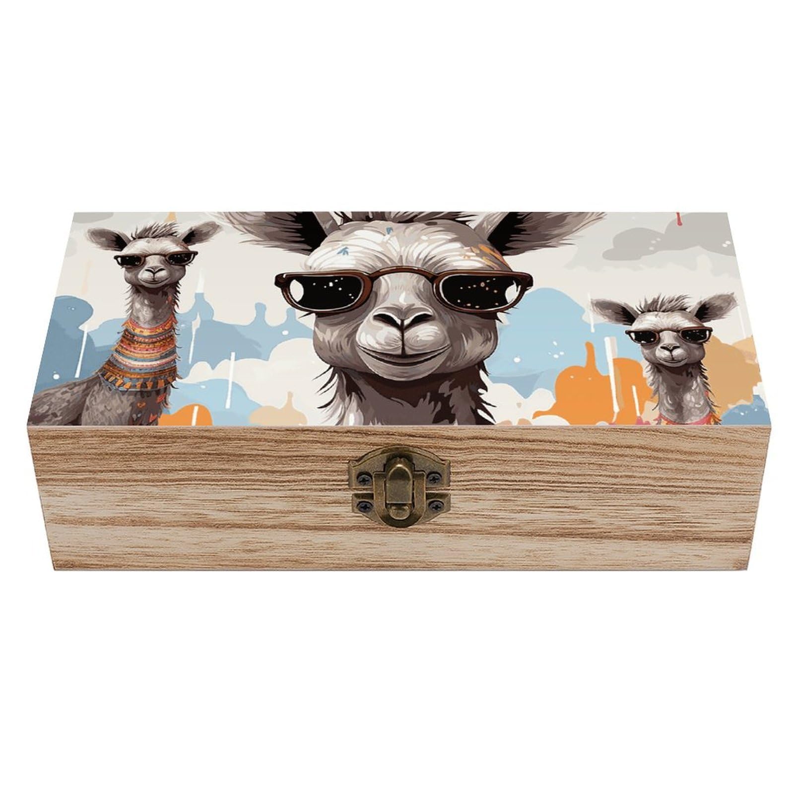 Wooden Storage Box Cute Giraffe with Colors Sunglasses Funny Wood Gift Box with Hinged Lid Vintage Decorative Jewelry Boxes Memory Box for Jewelry Art Hobbies Home Storage Treasure Keepsake Gift 7.9''