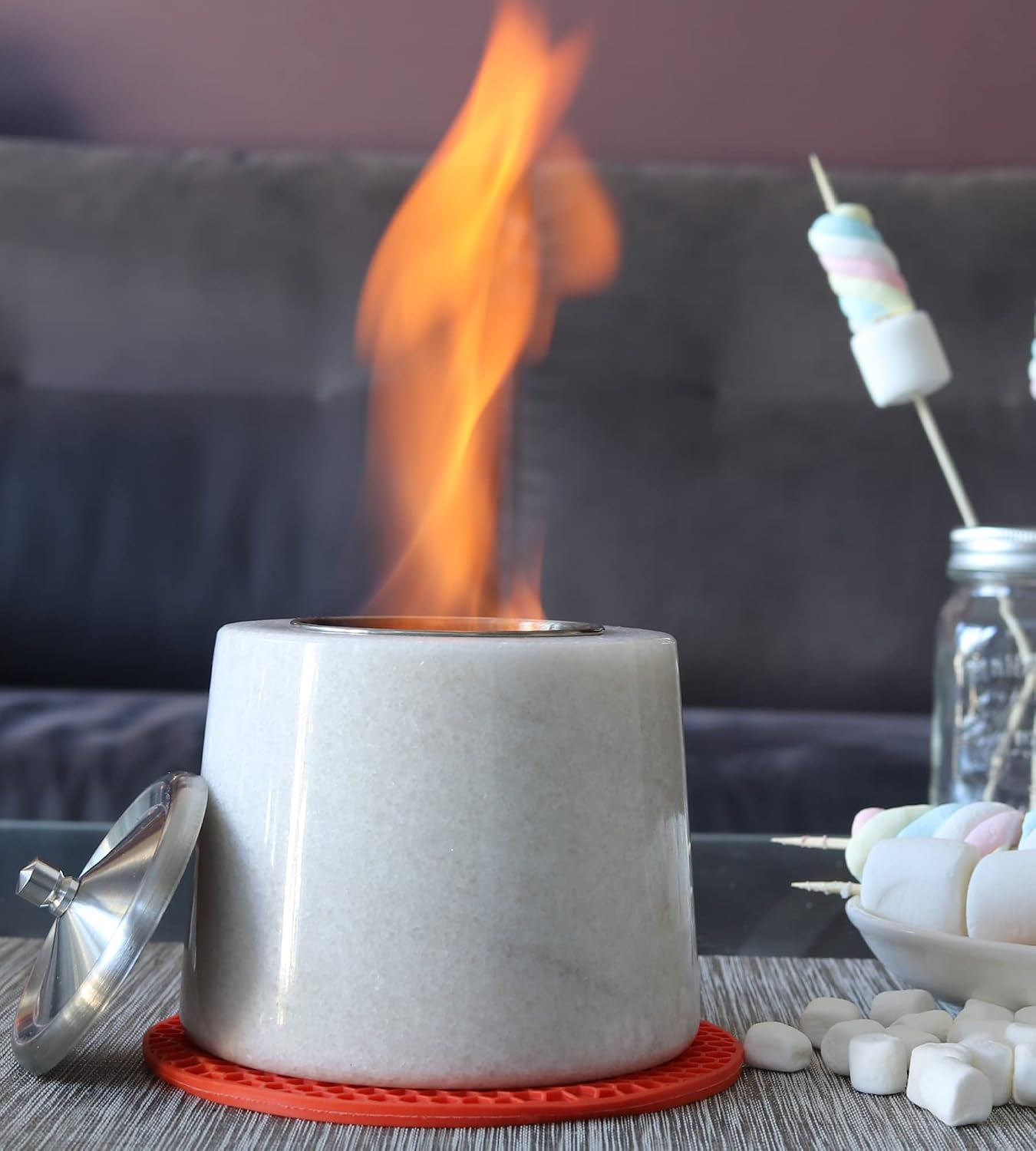 Tabletop Fire Pit. Upgraded Original Marble Portable Tabletop Fireplace with A Lid & A Mat. Indoor Fire Pit Burning Bowl for Table, Mini Fire Pit Used Indoor & Outdoor. Enjoy Our Portable Fireplace.