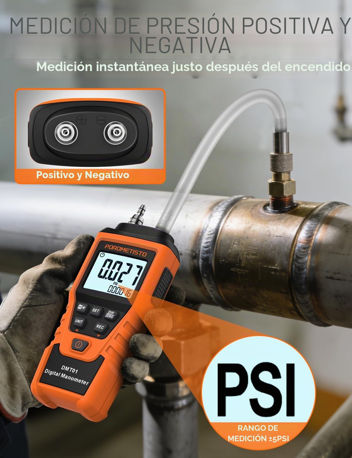 DMT01 Manómetro Digital Precisión, ±5 PSI / ±34.47 kPa, 12 Unidades, HVAC Diferencial, ±0.3% FS, Doble Puerto Gas, Retroiluminación, Retención de Datos, Ajuste Manual Cero