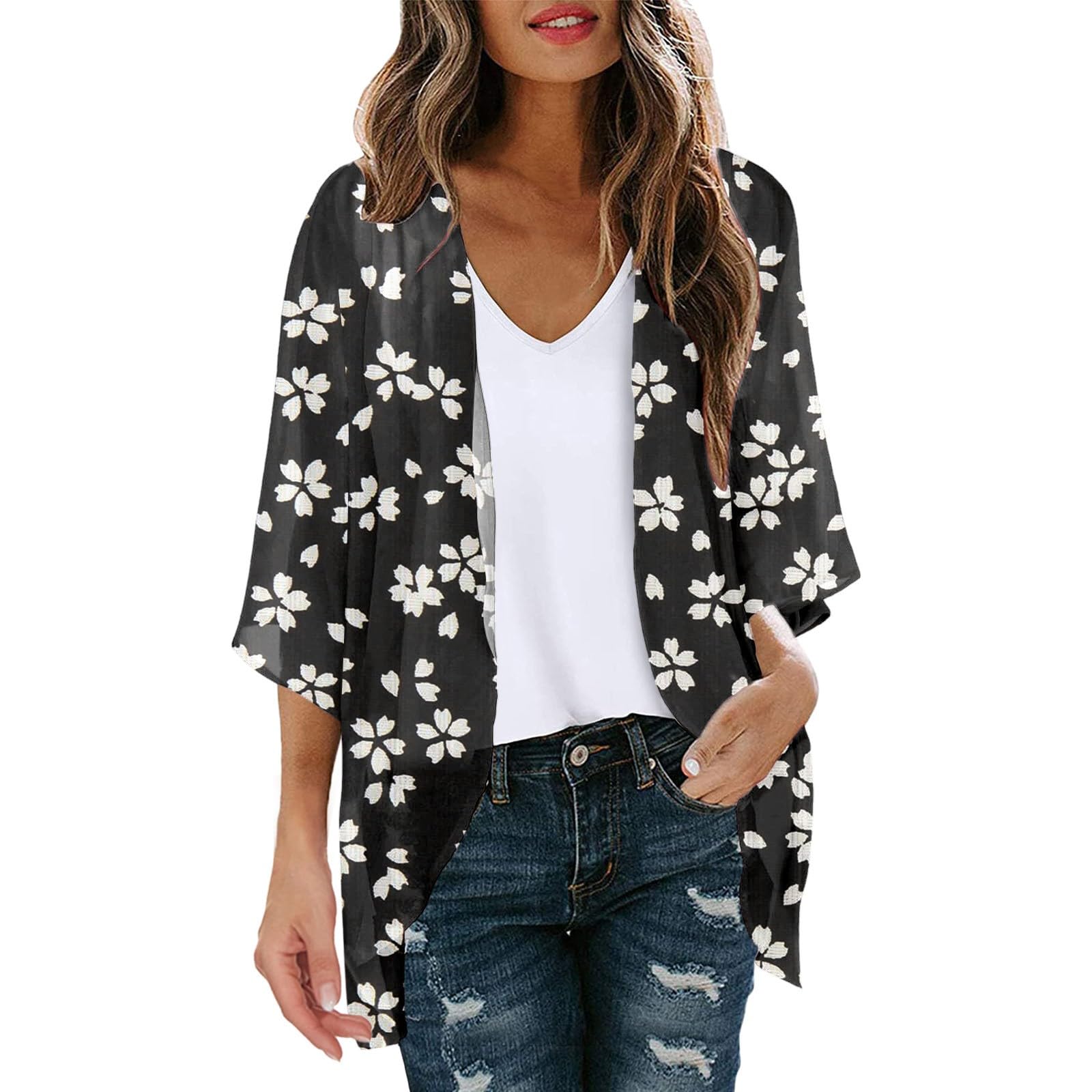 Huesdet Cárdigan de Gasa para Mujer Kimono de Playa Boho Cover Ups Suelto de Verano Tops con Estampado Floral Casuales Cardigan Ligero de Manga 3/4 EE20
