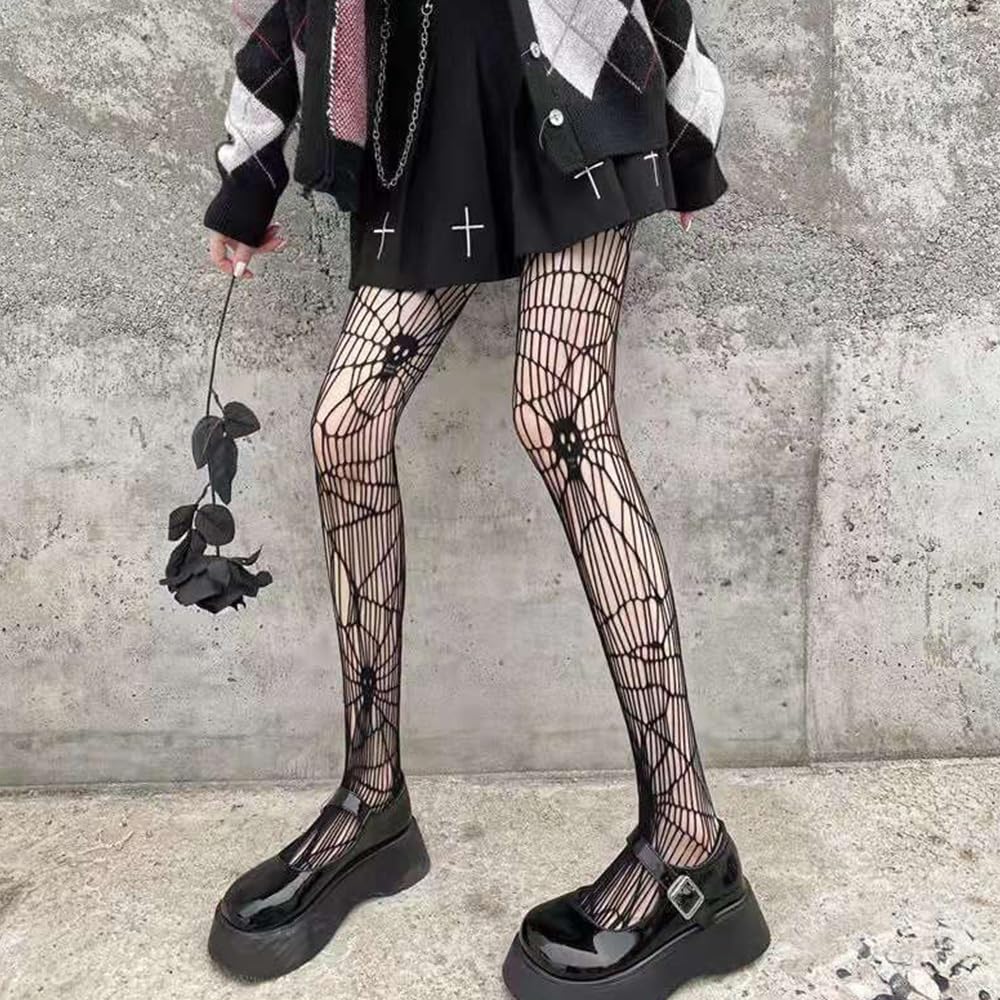 DRESHOW 6 Pack Fishnet Garter Belt Stocking Suspender Pantyhose Tights Thigh High Pantyhose: 2 Pairs With Skulls: Small Grid, Spiderweb Cutout