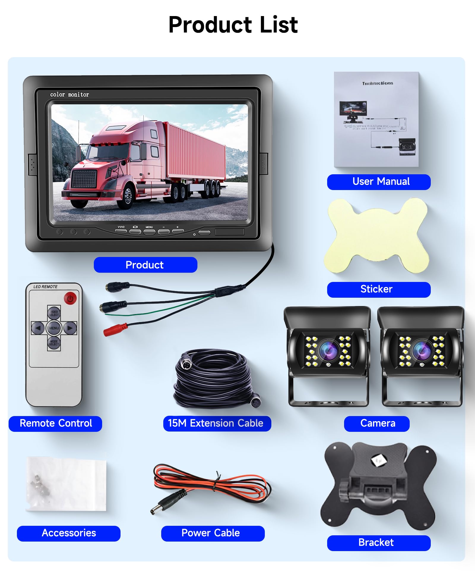 Podofo Telecamera Retromarcia con 7 '' LCD Telecamera per auto IP69 Telecamera Visione Notturna di Assistenza al Parcheggio Cablata Impermeabile Applicare per Autobus/Camion/Van/RV 10 m + 15 m Cavo
