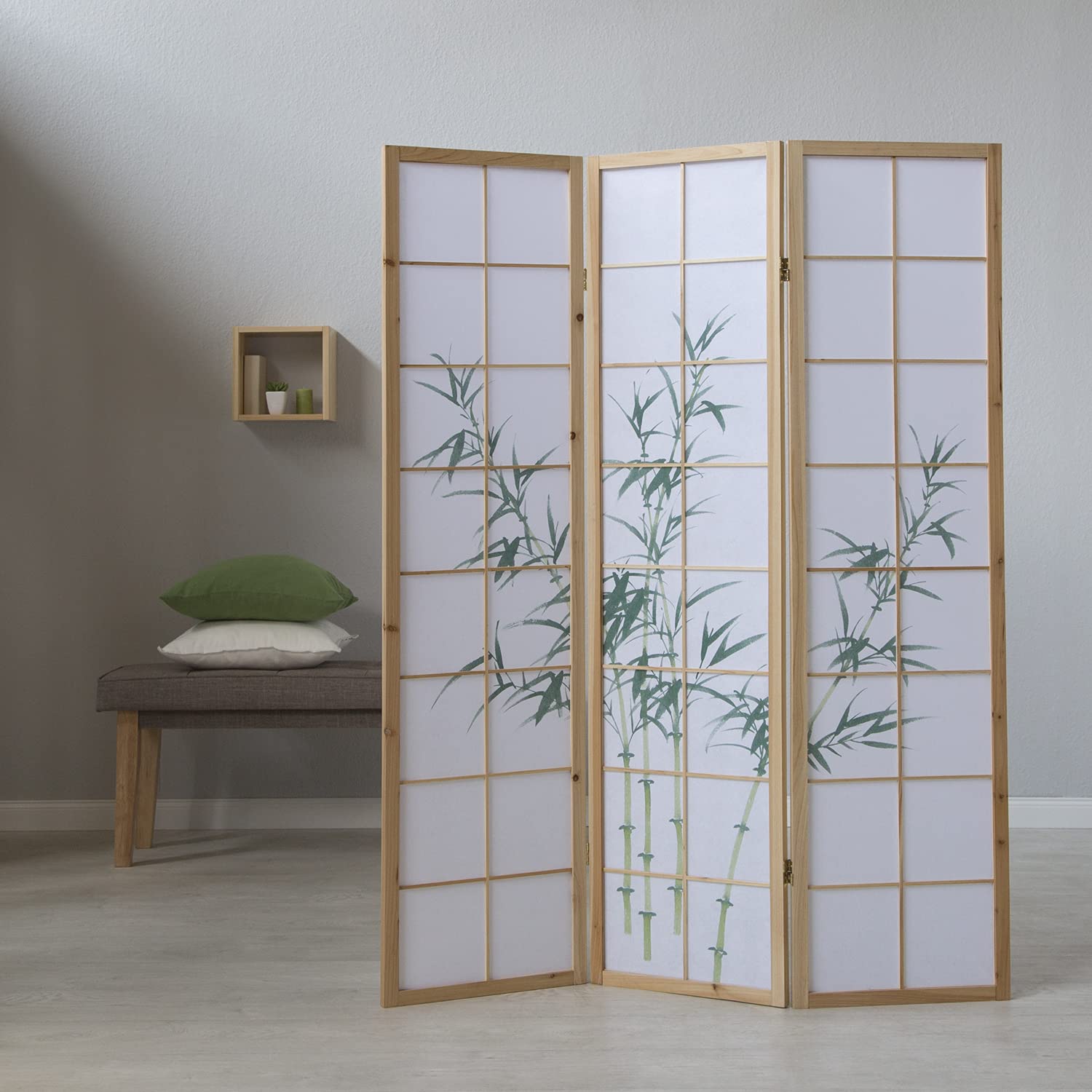 Homestyle4u Séparateur de pièce intérieur 3 Panneaux en Bois Brun Clair Paravent Pliable avec Motif Bambou Shoji Papier de Riz