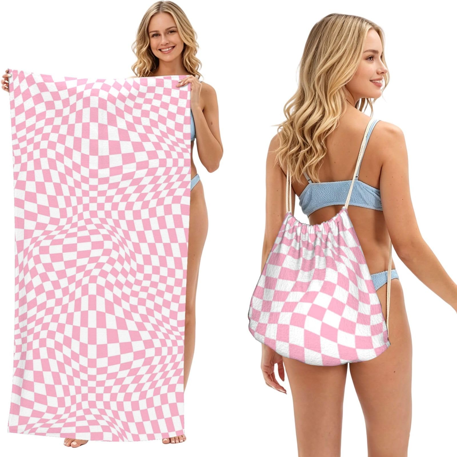Poadnly As Picture Pink Checkered, 2 In 1 Packable Towel Bag, Beach Towels With Drawstring Backpack For Travel Holiday Camping