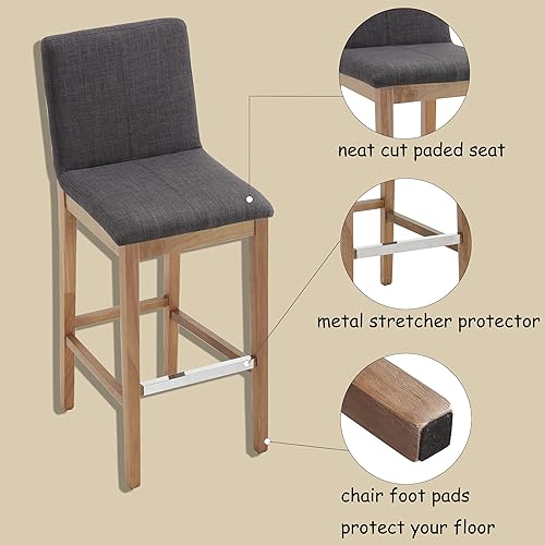 Miniatura 6 de chairus Juego de 2 taburetes de bar altos de tela, taburetes de bar tapizados de lino con patas y respaldo de madera maciza para cocina, isla de