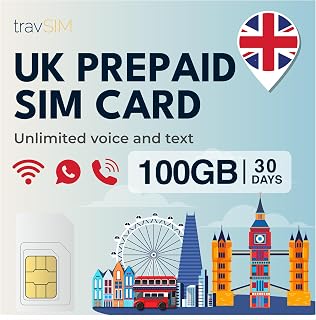 travSIM UK SIM Card | 100GB Data + Unlimited Calls & Texts | 4G/5G Speed | Works Throughout The UK | SIM Card UK is Valid for 30 Days