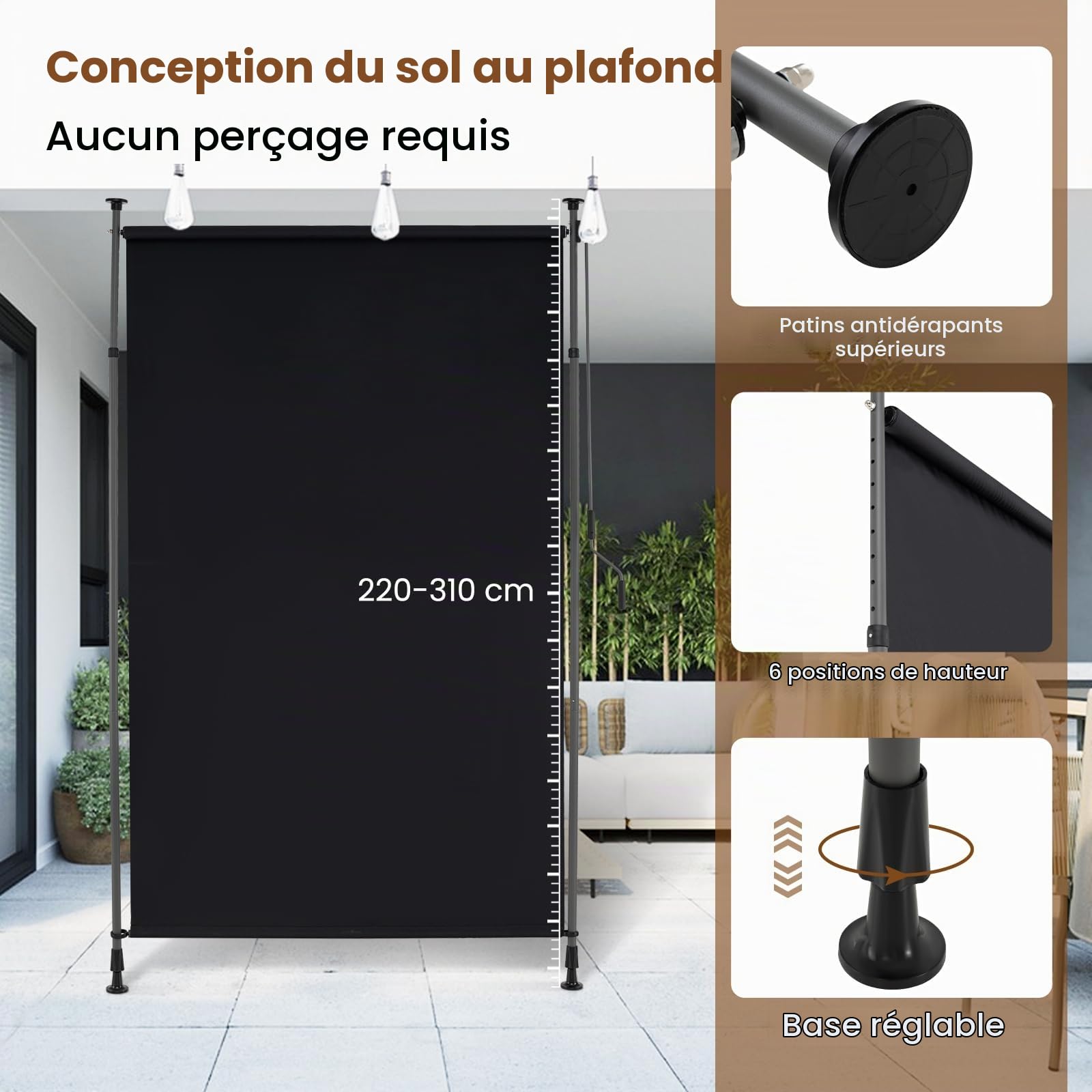 RELAX4LIFE Store Vertical sans Perçage | Store Extérieur Rétractable avec Manivelle | Polyester Anti-UV | Poteau en Alu | Hauteur 220-310 CM | Protection Solaire | pour Véranda Balcon (1,5M,Noir)