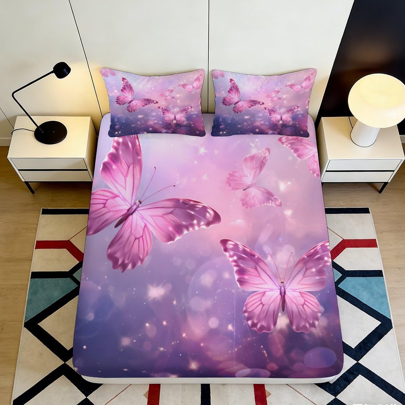 3D Printed Pink Butterfly Fitted Sheet Microfiber Soft Non-Slip Purple Dream Mattress Cover for Bedroom Guest Room Decor 180x200x25cm