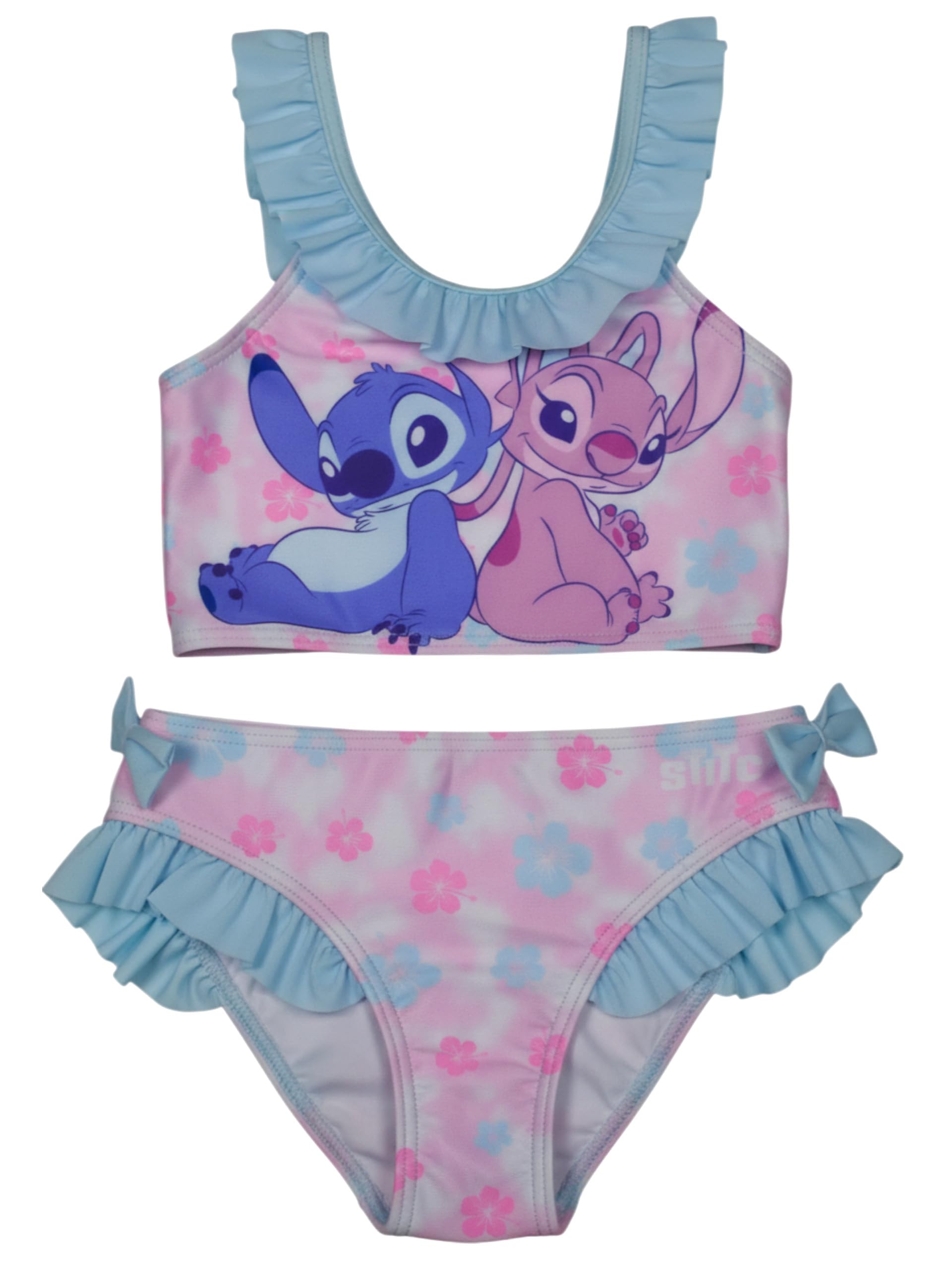 Disney Lilo & Stitch Bikini con volant e fiocchi per ragazze – Costume da bagno in due pezzi, rosa/blu